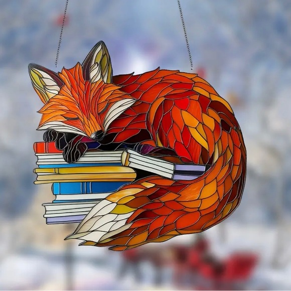 Fox suncatcher - new in package - sleepy bookish fox - stained glass effect - Picture 5 of 5